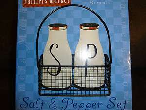   & PEPPER SHAKERS WITH METAL BASKET SET NEW IN BOX HANDPAINTED  