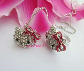 cute hello kitty crystal red bow pendant necklace ring set best gift 