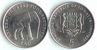 SOMALIA 6 PIECE UNC. COIN SET    0.05 TO 100 SHILLINGS  