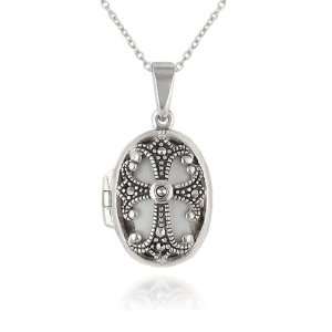  Sterling Silver Marcasite and Mother Of Pearl Cross Oval Locket 