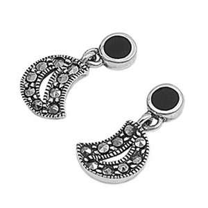   Sterling Silver Earrings Black Onyx, Marcasite Dangle Earring Jewelry