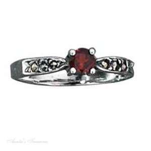   Silver Dainty Garnet Ring Pinched Marcasite Shank Size 4 Jewelry