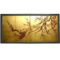 Silk and Wood 36 inch Plum Tree on Gold Leaf Wall Hanging (China 