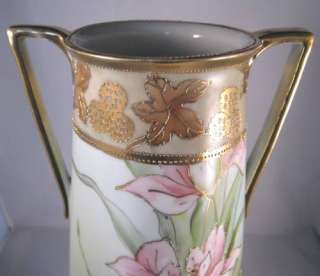   Antique Nippon Vase with Pink Flowers & Fancy Gold M in Wreath #47