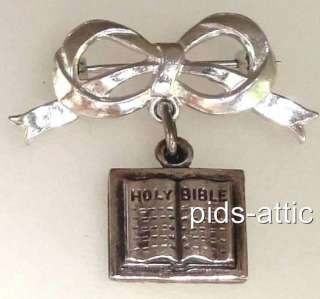 Vintage Sterling Silver Holy Bible Brooch / Lapel Pin  