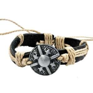  Leather Light Brown Hemp Metal Shield Leather Bracelet, #93: Jewelry