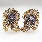   Floral Spray Motif Earrings Blue Sapphire and Diamond Solid 18K Gold
