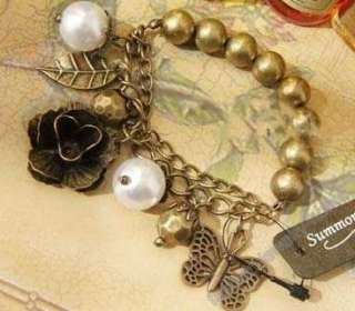   retro bronze beads leaf butterfly flwer charm pearl bracelet  