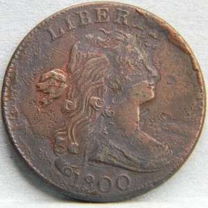 US scarce 1800 Draped Bust normal date copper Large Cent; impared 