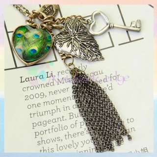 Peacock Leaf Key Heart Pendant Fringe Tassel Necklace  