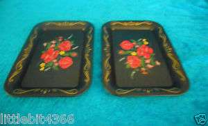 NEW PAIR TOLE WARE TRAYS FLORAL BLACK / RED ROSES  