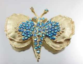 DESIGNER Gold Tone Blue Crystal Butterfly Brooch Pin  