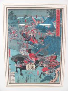 Pair Framed Japanese Wood Block Prints Samurai Battle Woodblock 