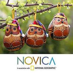 Set of 6 Mate Gourd Christmas Owls Ornaments (Peru)  