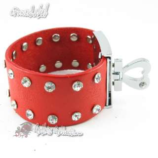 H489 Shiny Crystal Heart Love Punk Red Real Leather Women Wristband 