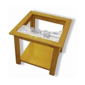  Oak Etched Glass End Table   Into the Herd (Buffalo)