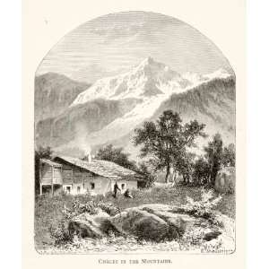  1891 Wood Engraving Switzerland Mountain Chalet Alps Cabin 