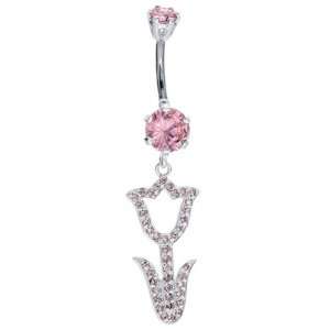   Sterling Silver Pink CZ Tulip Flower Belly Button Ring Dangle: Jewelry