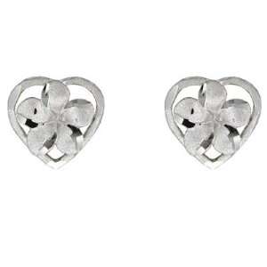  14K White Gold Hawaiian Plumeria Flower Heart Pierce Earrings: Jewelry
