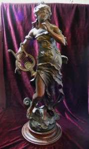 Moreau Spelter Bronze Musique Sculpture Lyre Harp  