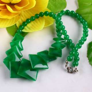 16 Green Jade Gemstone Square Round Beads Necklace  