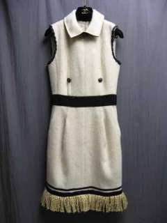 5K Chanel Tailored Ecru Black Tweed Tan Fringed 10A Dress 36 Cashmere 