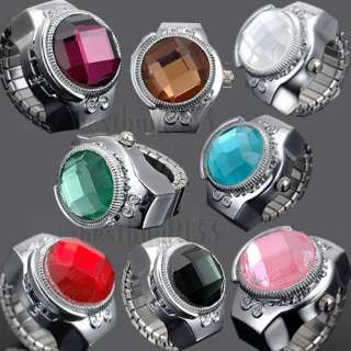   Beauty Elastic Crystal Rhinestone Time Metal Ladies Finger Ring Watch