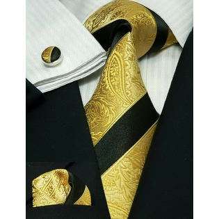 The Dapper Tie Mens Stripe Black & Golden Yellow 100% Silk Tie Set 