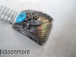   INDIAN SIGNED SQUASH BLOSSOM TURQUOISE VERMIEL SILVER WATCH BAND TIPS