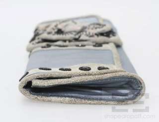 Betsey Johnson Blue Silk Beaded Metallic Suede Leather Trim Fold Over 