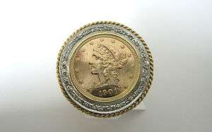 STUNNING 1901 $5 Liberty Coin 14k Gold Diamond Ring!!!  