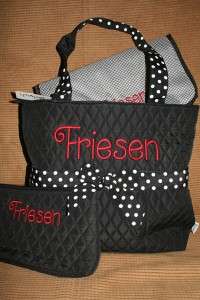 Diaper Bag Monogrammed Quilted Black and White Dots Bag, changing pad 