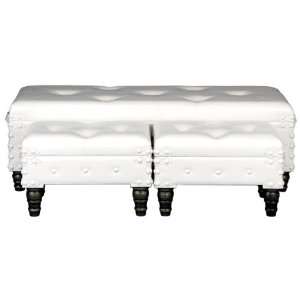  Set/3 White Leather Ottoman Bench + 2 Footstools