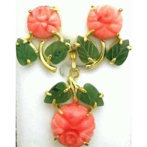  Pink Coral Carved Rose Beads Pendant and Earrings 