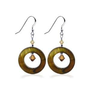 Sterling Silver Mother of Pearl Brown Circle and Crystal Earrings Made 