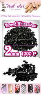 1000 2mm BLACK Nail Art Glitter Round Rhinestones Tips  