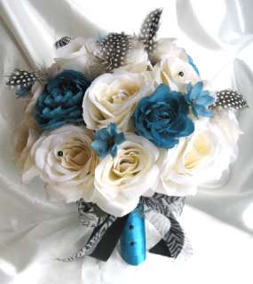   Bouquet Bridal Silk flowers TURQUOISE BLUE CREAM BLACK 17pc package