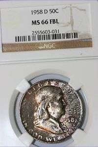 Grand 1958 D Franklin Silver Half Dollar NGC   MS66 FBL  