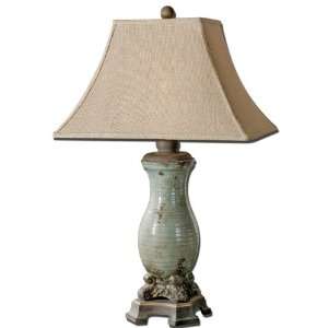   Light Blue, Tan and Rustic Bronze Table Lamp with Burlap Shade: Home