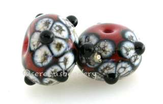 TANERES SRA Lampwork Beads CHERRY SILVERED IVORY FLOWER  