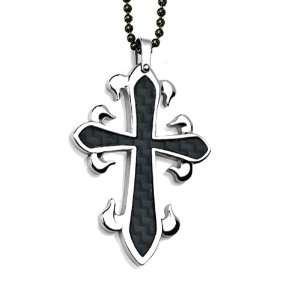  Stainless Steel Black Carbon Fiber Inlay Cross With Fleur 