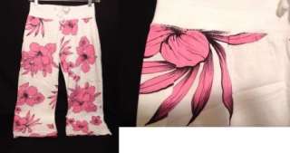 NILLA SHIELDS White Pink Hibiscus Cot Crop Pants NWOT  