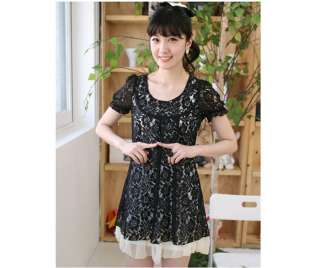 Plus size Women Black Short sleeve Lace + Chiffon dress  