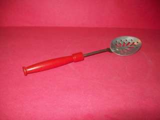 VINTAGE CHILDS TIN WARE SLOTTED SPOON WOOD HANDLE  