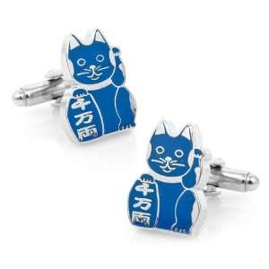   Blue Intelligent Intelligence Maneki Neko Lucky Cat Cufflinks: Jewelry