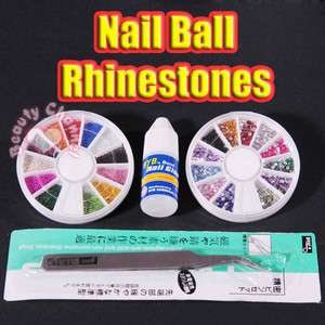 24 12 Rhinestones Nail Ball Tweezer Acrylic UV Round Wheel Glue KIT 