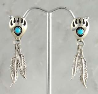 Janice White Turquoise Bear Paw Feather Post Earrings Navajo Sterling 