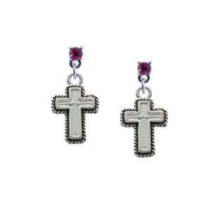 Silver Cross with Rope Border Hot Pink Swarovski Post Charm Earrings 