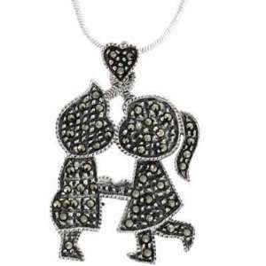    Sterling Silver Marcasite Girl Boy Heart Love Pendant Jewelry