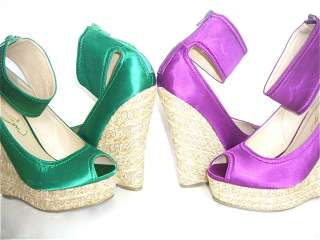 NEW Purple Satin zip Wedge Peeptoe Platform Shoe Sandal  